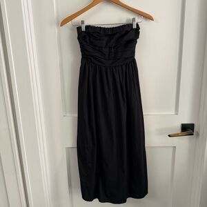 Black Strapless Dress with pleated bodice and full midi skirt bottom